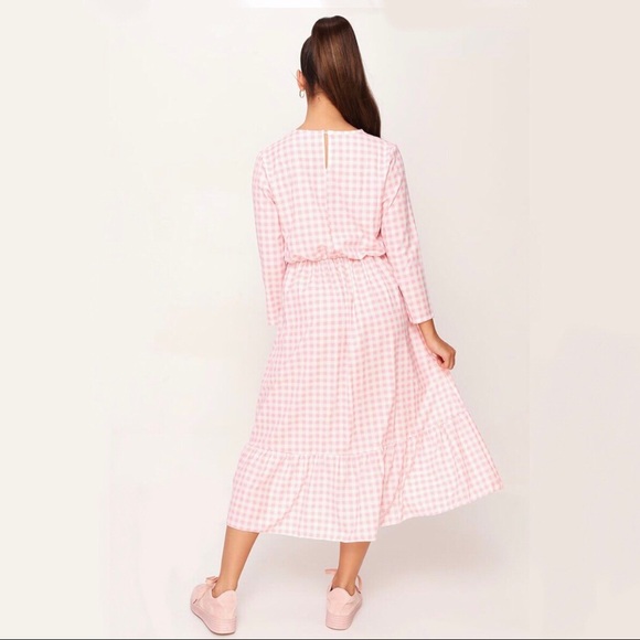 NEW! NWT Light Pink Gingham Ruffle-Hem Midi Dress - Picture 4 of 11